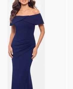 XSCAPE Vestido con Volantes Hombro Descubierto Azul Medianoche Talla 16 $199 - Imagen 1 de 5