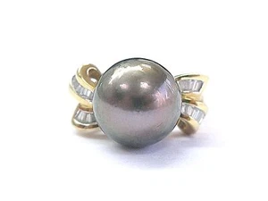 Natural Black Pearl & Diamond Yellow Gold Anniversary Jewelry Ring 12.4mm .32Ct - Picture 1 of 6