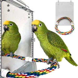 Parakeet Hanging With Rope Perch Parrot Toy Bird Mirror For Cage Swing Cockatoo - Picture 1 of 4