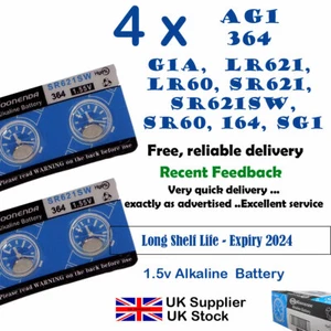 4 x 1.55v Alkaline Battery - AG1 G1A LR621 LR60 SR621 SR621SW 364 - Expiry 2026
