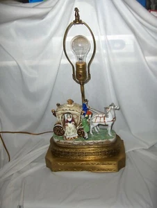 Vintage Ornate Figurines Table Lamp Porcelain Coach Figural Horses People Brass - Picture 1 of 12