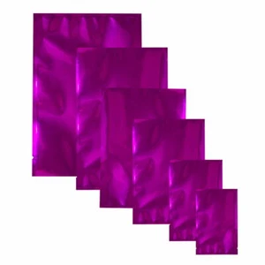 100 STCK. Flache Hochglanz Rose Lila Mylar Folie Offene Top Probenbeutel mit Tränenkerben - Bild 1 von 5