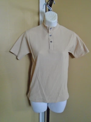 Ladies VTG 1970s Beige Ribbed Short Sleeve Shirt High Buttoned Neck Sz S/M NOS - Image 1 of 4