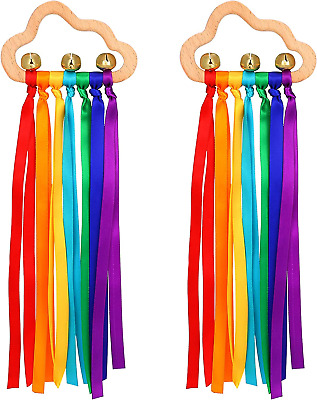FRIUSATE 2Pcs Wooden Ribbon Ring Toys, Rainbow Hand Ribbon Teether Sensory Toy M • 4.99£
