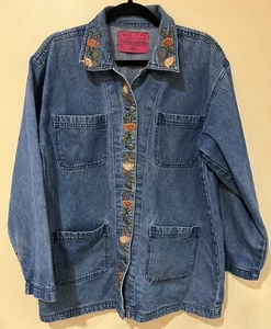 VTG CAROL'S DENIMS Sz 2XL Embroidered Cotton Denim Jean Jacket Pockets Lt Wash - Picture 1 of 10