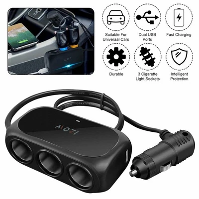 3Way Car Cigarette Lighter Socket Splitter Dual USB Charger Power Adapter 12-24V - Image 1 of 4