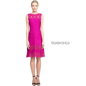NEW Tadashi Shoji CORDED EMBROIDERY ON TULLE PINTUCK JERSEY BOATNECK DRESS Sz XS - Picture 1 of 13