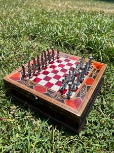 Unique Wooden Chess Box – Roman Metal Pieces, Velvet Storage, Personalized Gift - Picture 1 of 10