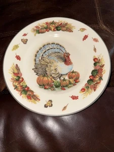 New 222 Fifth Franklin Turkey 8" Square Salad Plate Thanksgiving Fall - Picture 1 of 3