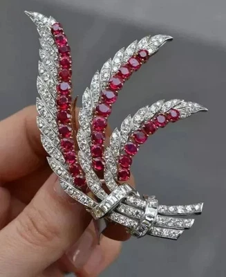 3 Ct Round Cut Lab Created Ruby Art Deco Brooch Pin 14K White Gold Plated Silver - Image 1 of 4