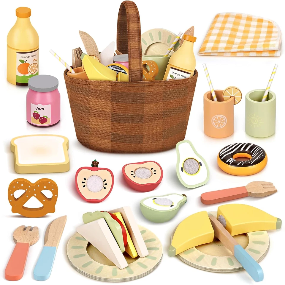 Cibo Cucina Giocattolo per Bambini Legno, Accessori Da Cucina in Legno Finto Set - Immagine 1 di 4