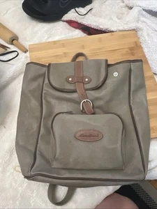 Eddie Bauer Vintage Leather Backpack Brown Tan Green Rucksack - Picture 1 of 11