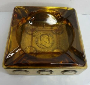 Vintage Amber Glass Ashtray Plated Metal Base Raised Napoleon III European Coins - Picture 1 of 8