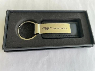Ford Mustang "New" Black Leather ~Chrome with Black Laser Print Key Ring / Chain - Image 1 of 3