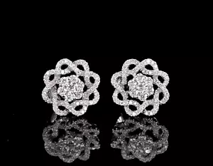 $4150 18k White Gold Cluster Pave Round Diamond Crossover Flower Huggie Earrings - Picture 1 of 8