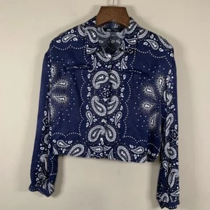 Zara Navy/White Paisley Bandana Print Long Sleeve Crop Top Size Small - Picture 1 of 9