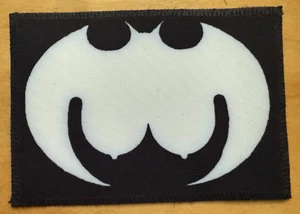 vtg 2000s HOT TOPIC - Super Hero BAT BOOBIES - Sew/Iron Patch 4 x 3 NEW rare - Picture 1 of 2