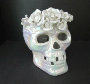 GROSSER KERAMIK BLUMEN SCHÄDEL VOTIV HÄNGEND KERZENHALTER oder TISCHDEKO ~ NEU - Bild 1 von 12