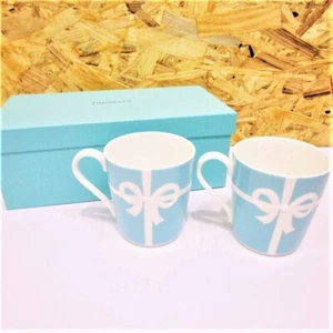 TIFFANY & CO Bow Ribbon Bone China Blue Mug Cup 2 paris - Picture 1 of 5
