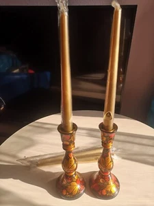 2 Kerzenständer inkl 4 Kerzen Russisch Holz Khokhloma Neu - Bild 1 von 2
