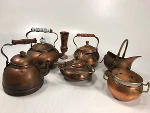 Vintage Copper Lot 4 Tea Pots, Bowl w/Lid, Cup, and Bowl w/Lion Decal - Picture 1 of 12