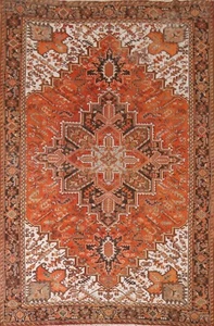 Vintage Orange/ Dark Brown Heriz Traditional Area Rug 8'x11' Handmade Wool Rug - Picture 1 of 12
