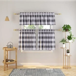 3 piece Country Farmhouse Kitchen Window Curtain -White & Gray Buffalo Check - Picture 1 of 1