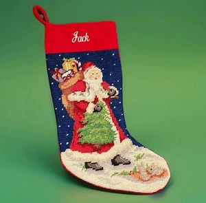 Calza natalizia punto ago lana Babbo Natale giocattoli regalo ricamata a mano vintage usata in ottime condizioni - Foto 1 di 6