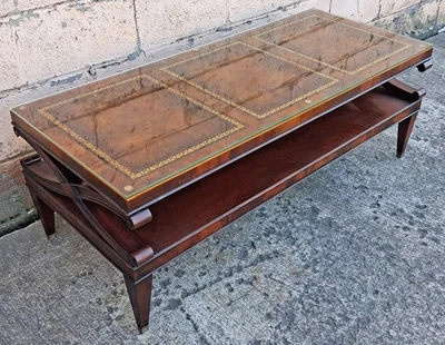 Antique Chippendale Solid Mahogany Leather Glass Top Accent Sofa Coffee Table - Image 1 of 4