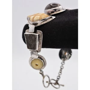 Janice Lee Ripley Bracelet Stone Carved Wood 925 Sterling Silver JLR Signed Bin6 - Picture 1 of 12
