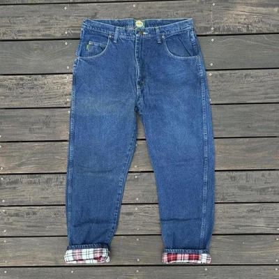 Blue Denim Cabela Lined Jeans w/ Red/White Plaid Flannel Lining 36/32 - Image 1 of 4