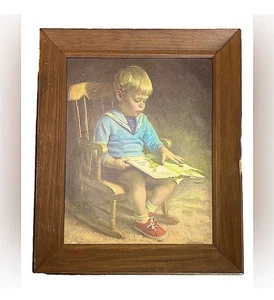 Vintage 1970’s J. Ingwersen painting of little boy in rocking chair reading Gary - Bild 1 von 4