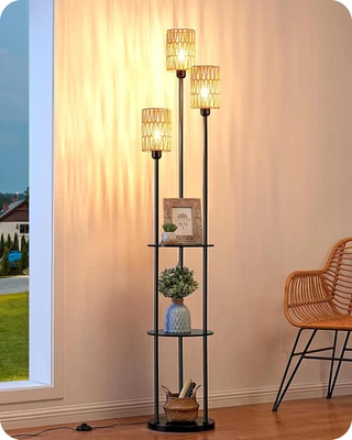 Lampada Da Terra Boho Vintage Con Mensola E Ripiano Portaoggetti, Piantana 3 Luc - Immagine 1 di 4