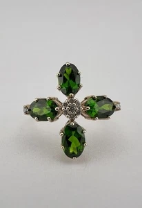 Designer 10k Yellow Gold Natural Chrome Green Diopside Cluster Floral Ring - Picture 1 of 8