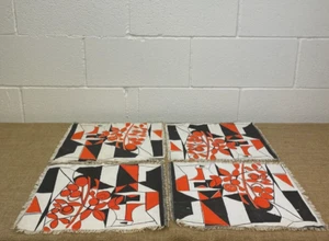 4 X VINTAGE ABSTRACT GEOMETRIC BLACK WHITE & ORANGE DESIGN FABRIC PLACEMATS - Picture 1 of 4
