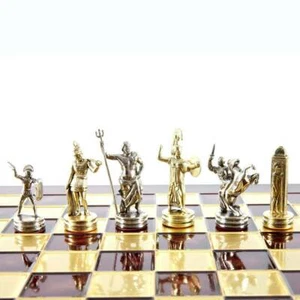 Manopoulos Greek Mythology Chess Set - Brass Nickel Pawns - Red chess Board - Picture 1 of 5