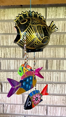 Hanging Folk Art Coconut Fish Hand Carved Mexico Home Tropical Wind Chime #19 - Image 1 of 4