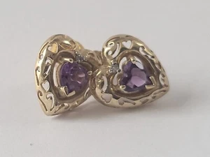 PAIR of LADIES 10K YELLOW GOLD HEART SHAPED EARRINGS Diamonds & AMETHYSTS - Picture 1 of 7