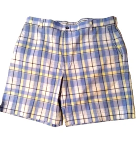 Oxford Golf Shorts Men's 38 Navy, light blue & yellow Plaid 8.5" inseam pockets - Foto 1 di 9