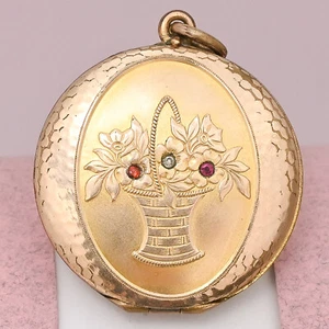 Antique Art Deco Flower Basket Paste Gold Filled Pendant Locket - Picture 1 of 6