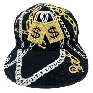 City Hunter Hat Cap Fitted Large Black Gold & Silver Chains Padlocks Money Mens - Picture 1 of 10