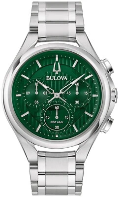 Bulova Men's Curved HPQ Chronograph Silver Stainless Steel Watch 44 MM 96A297 - Image 1 of 4