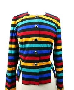 VTG Leslie Fay Womens Stretch Polyester LS Button Up Colorful Striped Blouse 12 - Picture 1 of 7