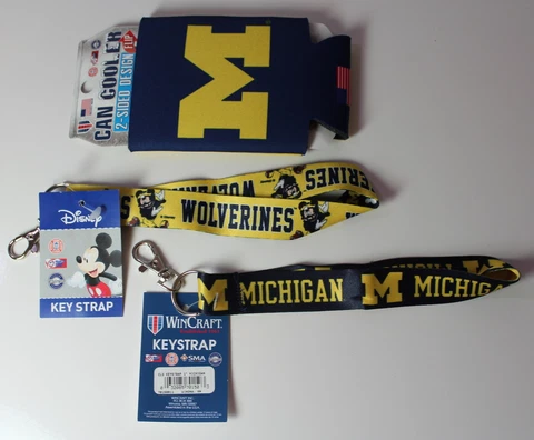 Michigan Wolverines Gift Set Lot Disney Key Strap, Go Blue Key Strap, Can Cooler Cover