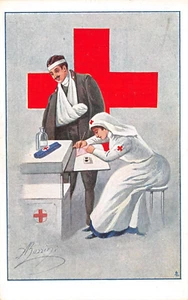 052) WW1 CROCE ROSSA ILLUSTRATORE BUZZINI CROCEROSSINA SCRIVE LETTERA FERITO - Picture 1 of 2
