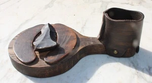 Primitive Wood Paddle Leather Match Holder Folk Art Cottage with Flint - Picture 1 of 20