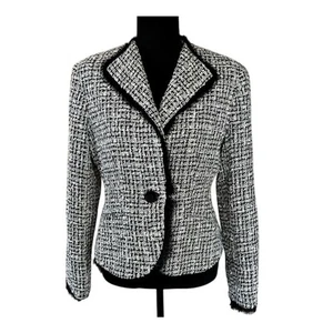 RARE Anne Klein New York Fringe Trim Black & White Tweed Jacket, size 8 - Picture 1 of 5