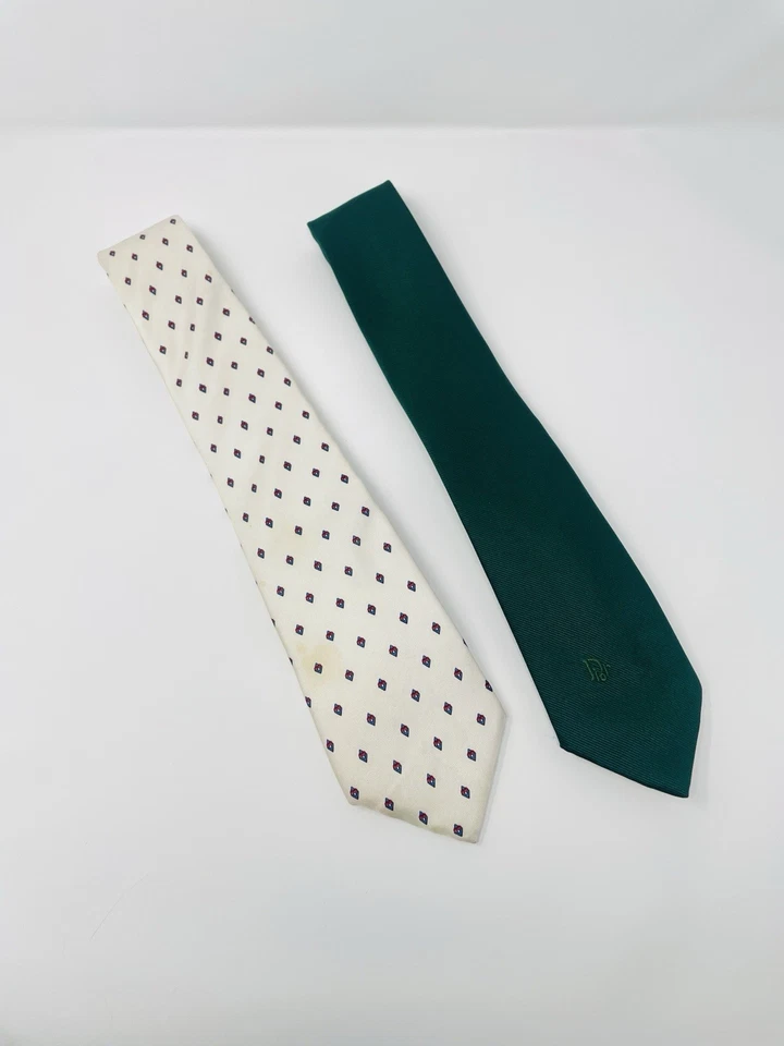 Juego De 2 Corbatas De Colección Christian Dior Para Hombre Verde Logo Corbata Blanco Diamante Seda Foto 1 de 4