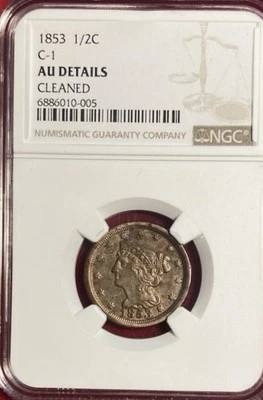 1853 C-1 Braided Hair Half Cent NGC AU Details Cleaned - Image 1 of 2