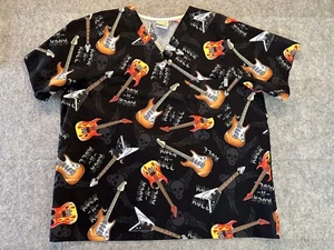 Tafford Scrub Top Guitars & Skulls Flames Nurse Aide CNA MA Rock & Roll XL USA - Picture 1 of 8